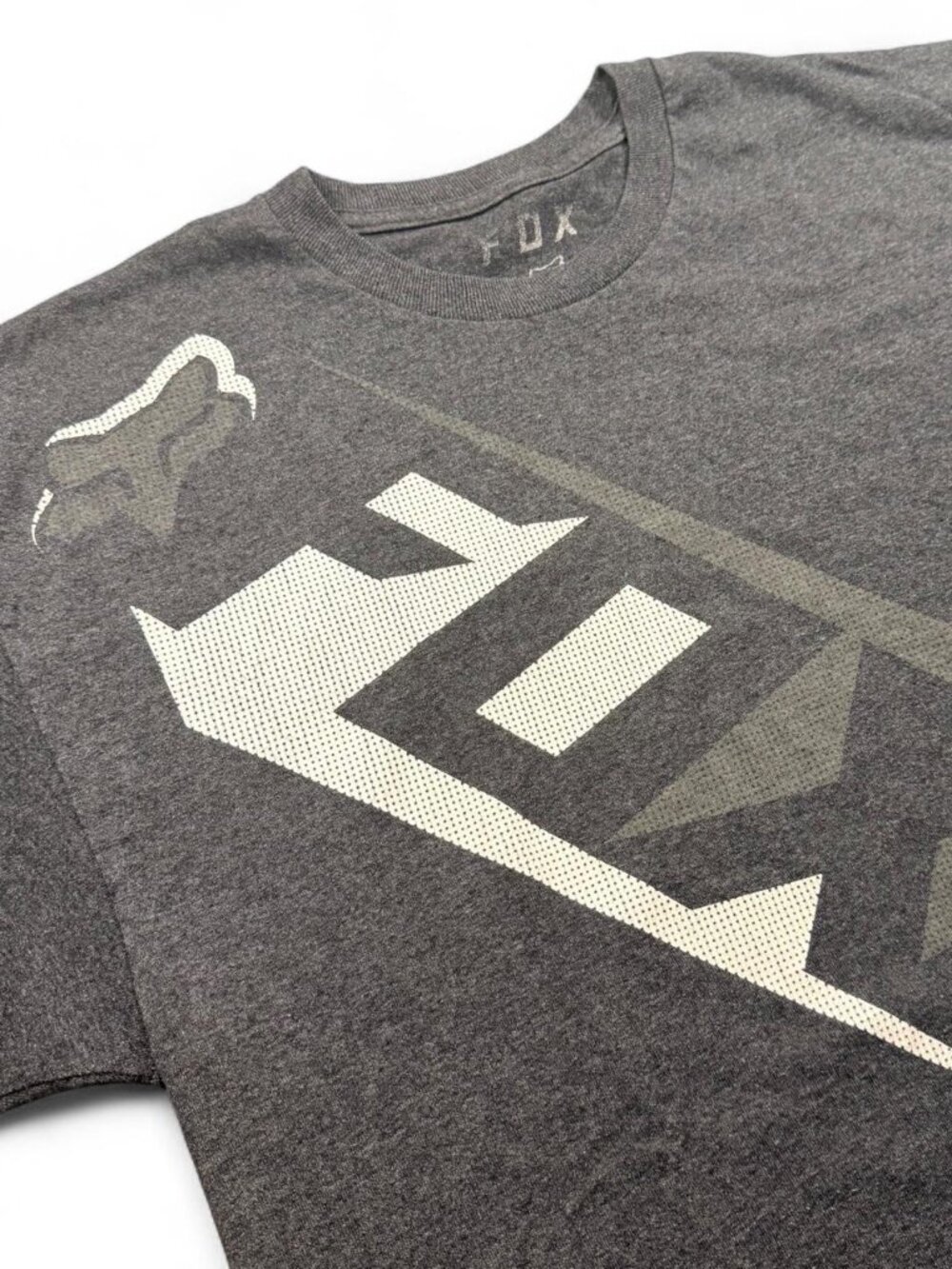 Y2K Style Fox Racing Geometric Shoulder Logo Gray Motocross Skater Tee Large